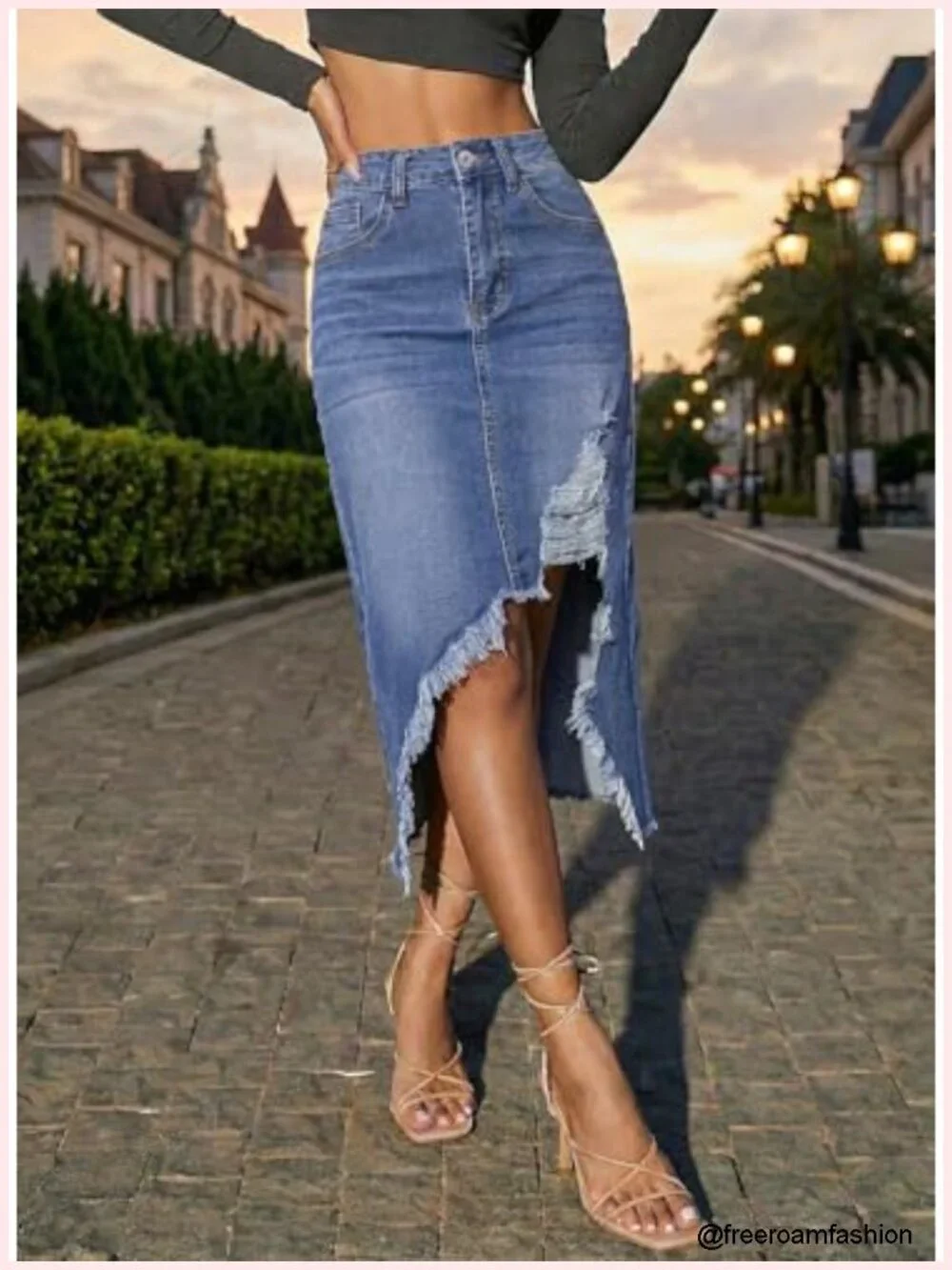 High Waisted Denim Skirt Distressed Button Front Midi Jean Skirt
